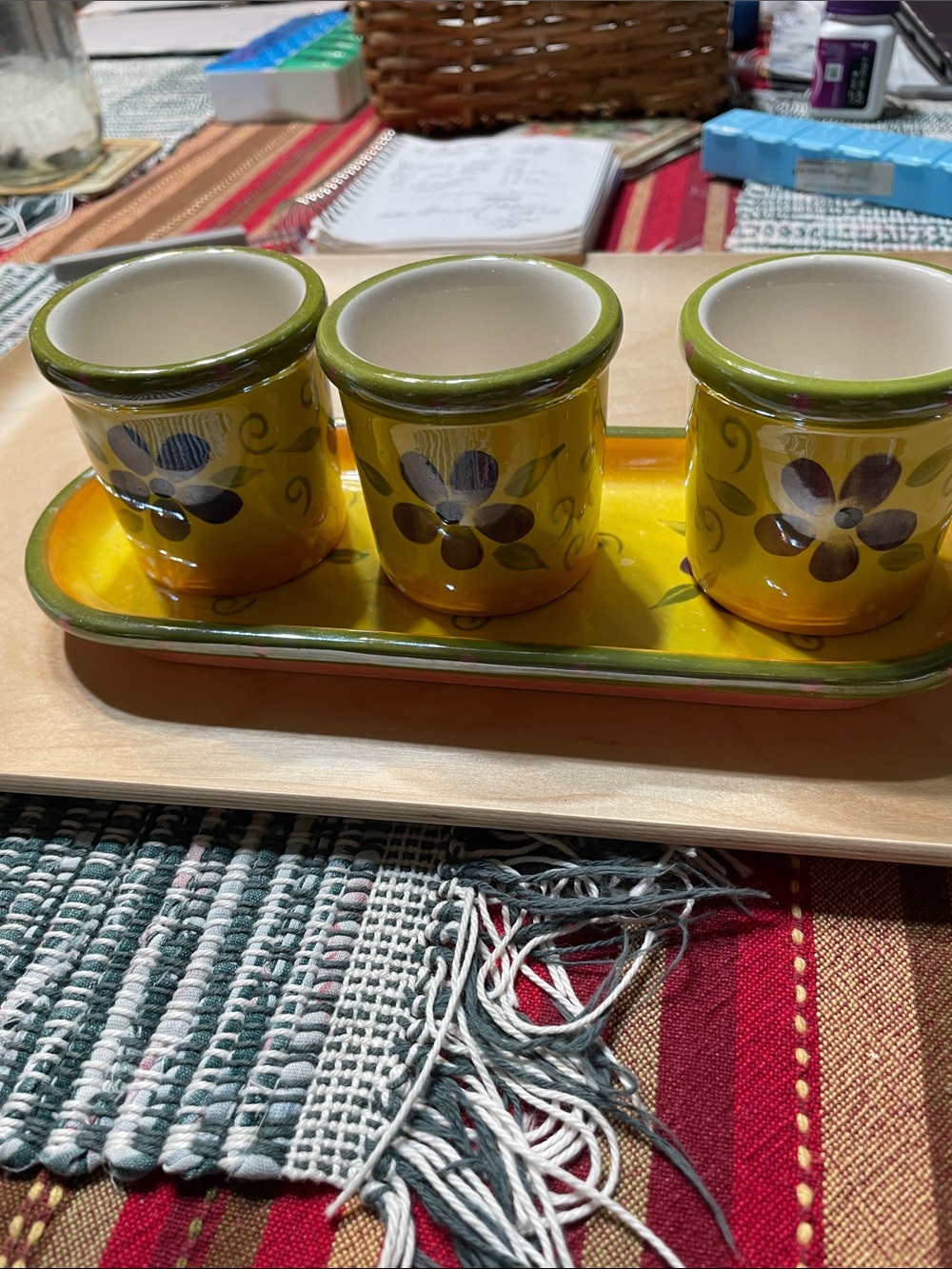 PartyLite Yellow and Green Floral Ceramic Trio with Tray